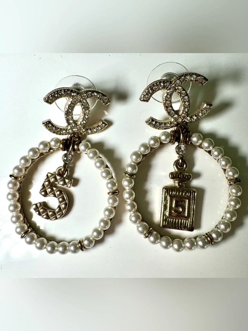 Chanel Crystal Pearl Chanel Charms CC Logo Drop Earrings in Gold W Box